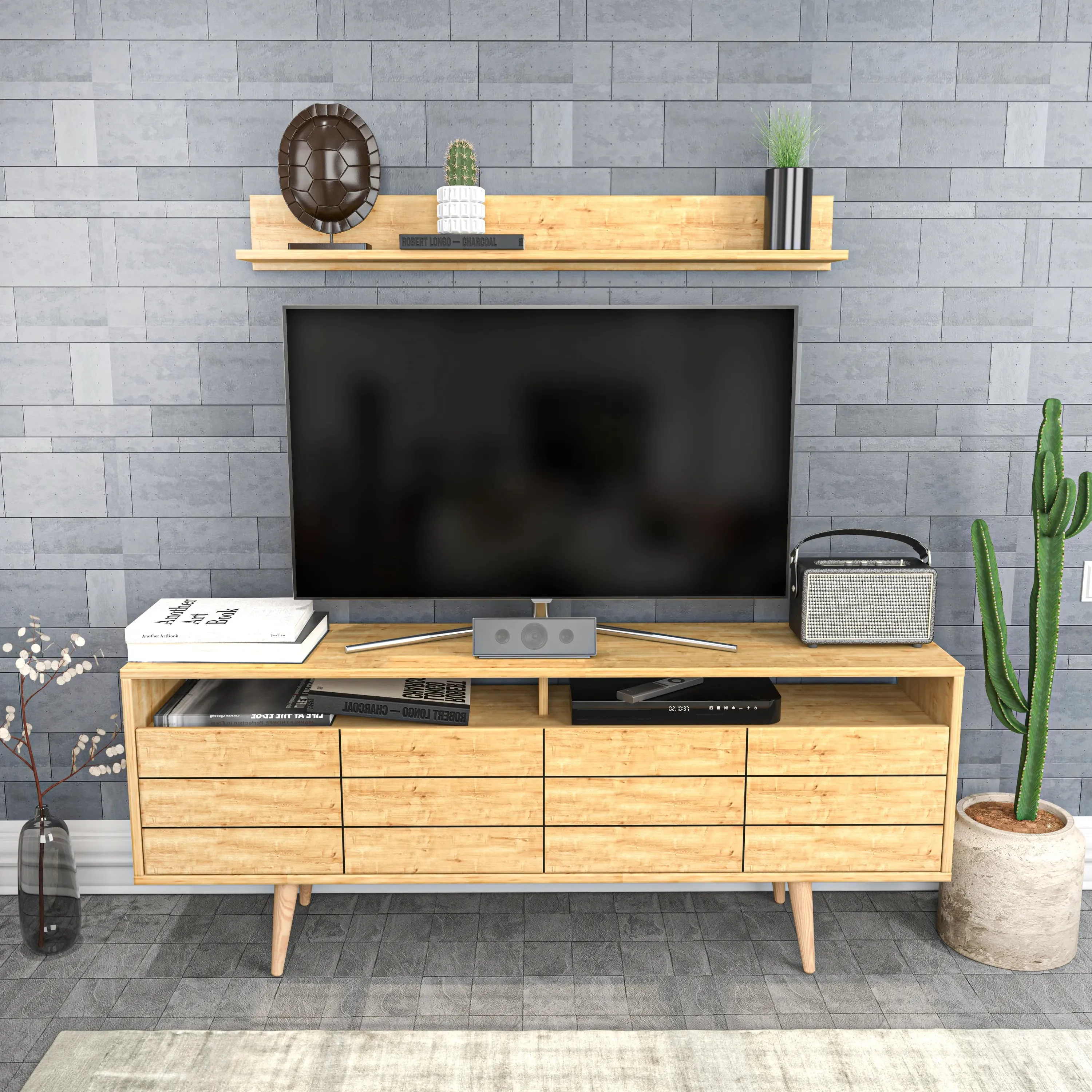 Ola 63 inch Wide TV Stand Media Console with Wall Shelf for TVs up to 72 inch Decorotika