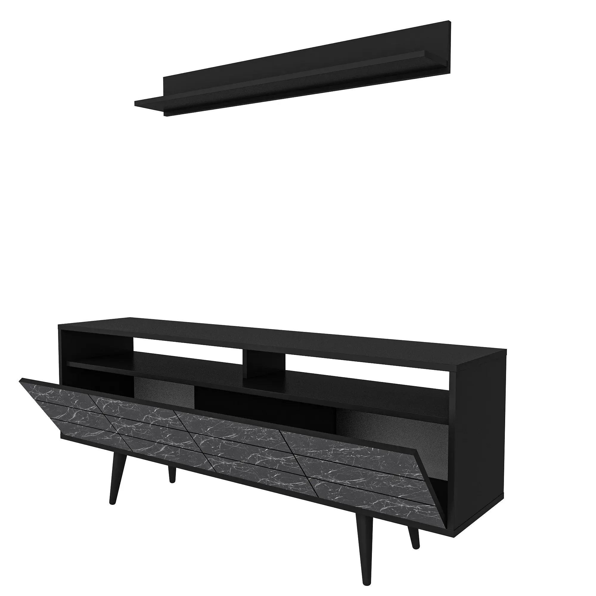 Ola 63 inch Wide TV Stand Media Console with Wall Shelf for TVs up to 72 inch Decorotika