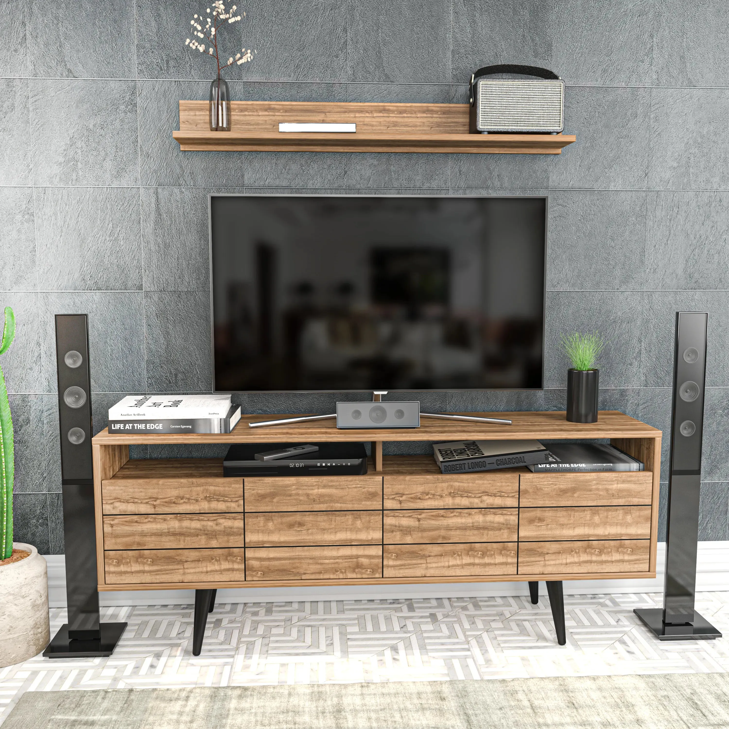 Ola 63 inch Wide TV Stand Media Console with Wall Shelf for TVs up to 72 inch Decorotika