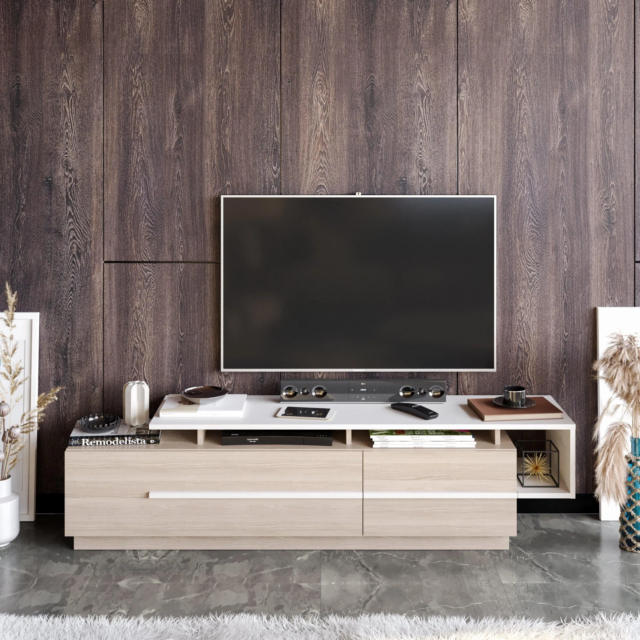 Pia 71" TV Stand and Media Console with Cabinets and Shelves for TVs up to 80" Decorotika