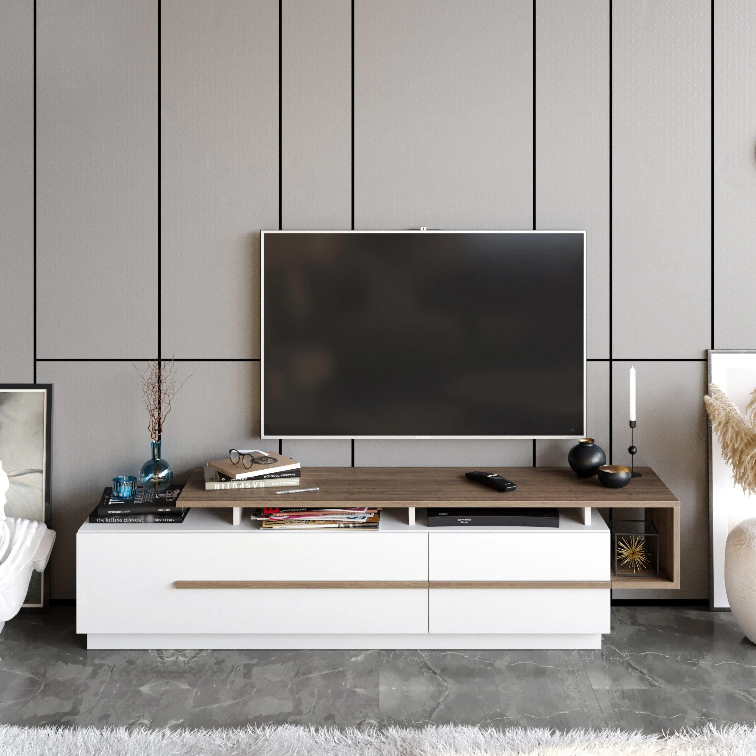 Pia 71" TV Stand and Media Console with Cabinets and Shelves for TVs up to 80" Decorotika