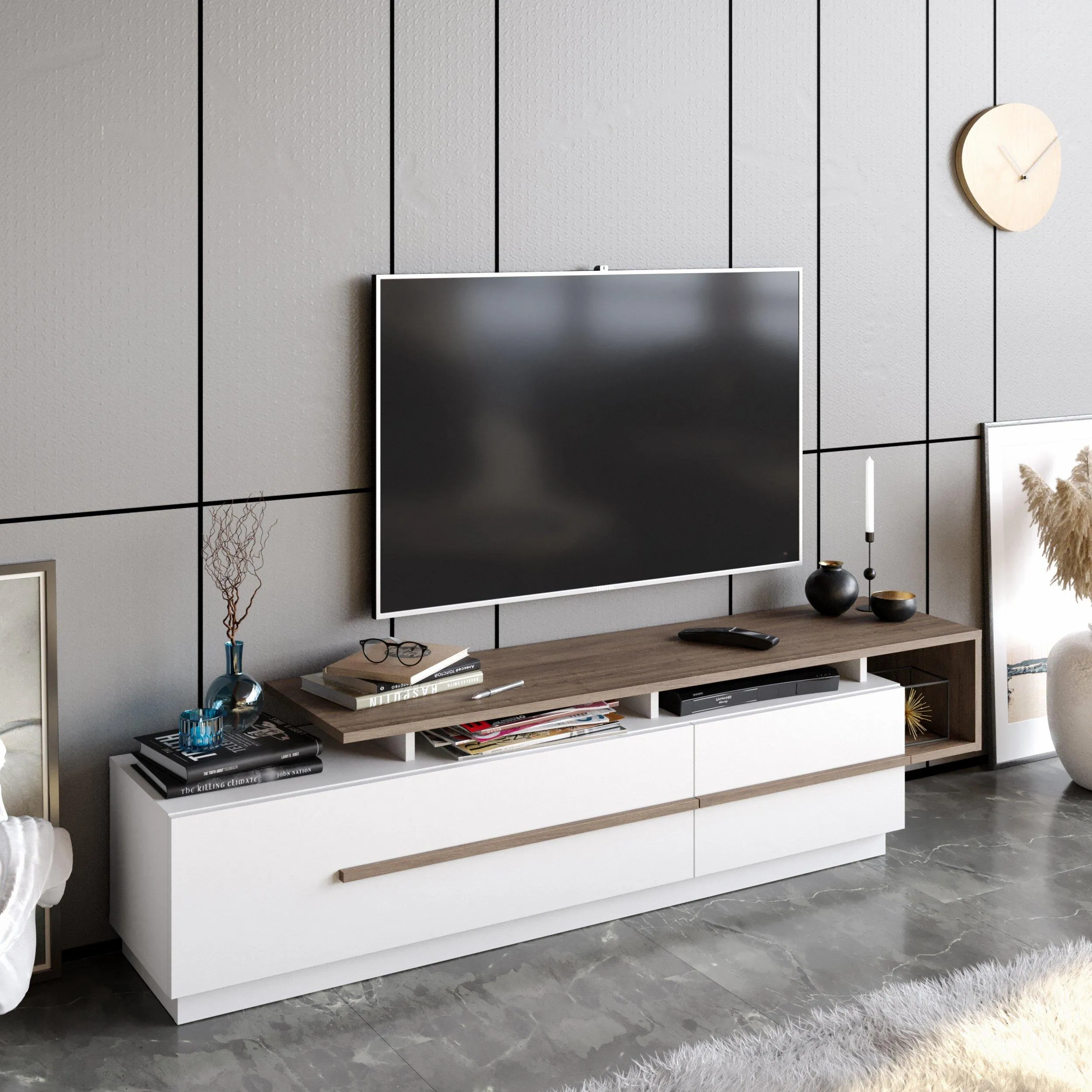 Pia 71" TV Stand and Media Console with Cabinets and Shelves for TVs up to 80" Decorotika