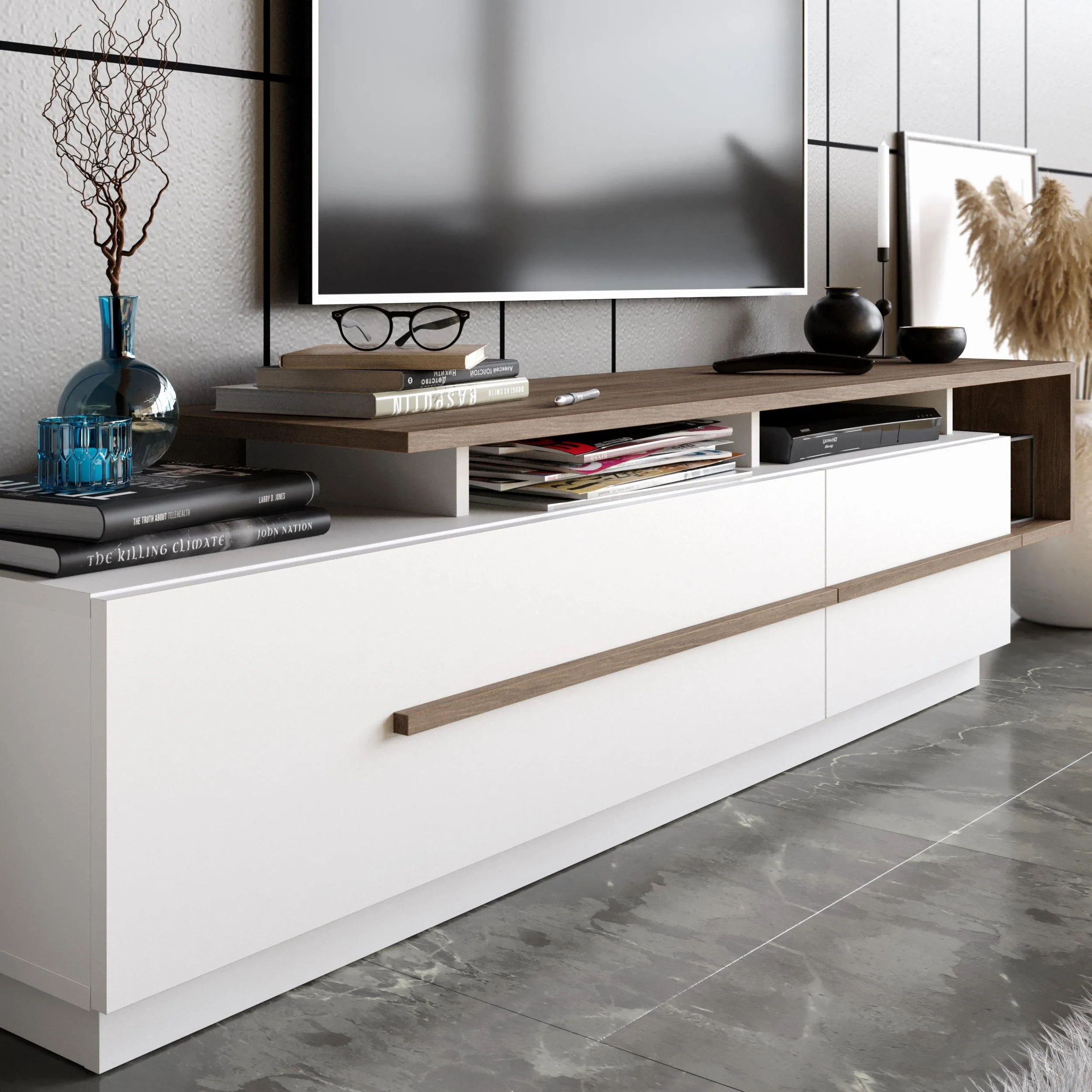 Pia 71" TV Stand and Media Console with Cabinets and Shelves for TVs up to 80" Decorotika