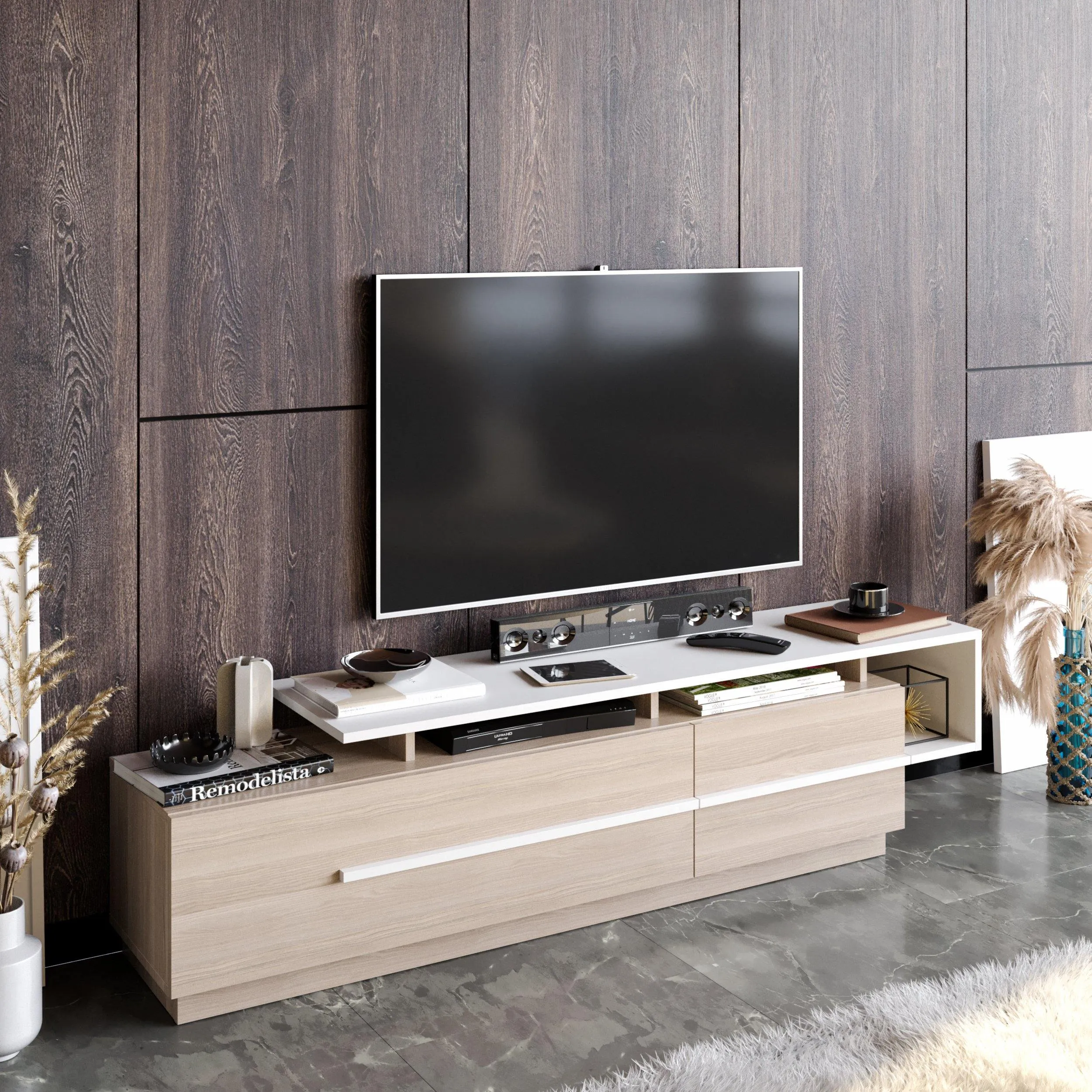 Pia 71" TV Stand and Media Console with Cabinets and Shelves for TVs up to 80" Decorotika