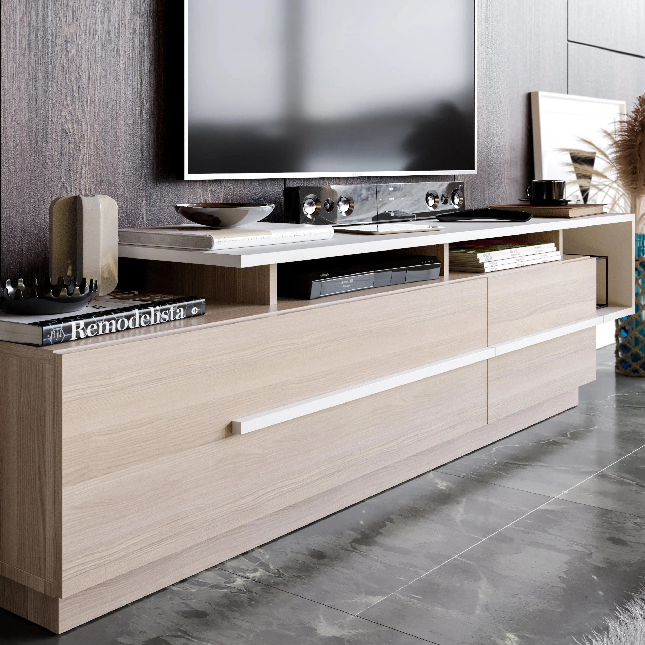 Pia 71" TV Stand and Media Console with Cabinets and Shelves for TVs up to 80" Decorotika