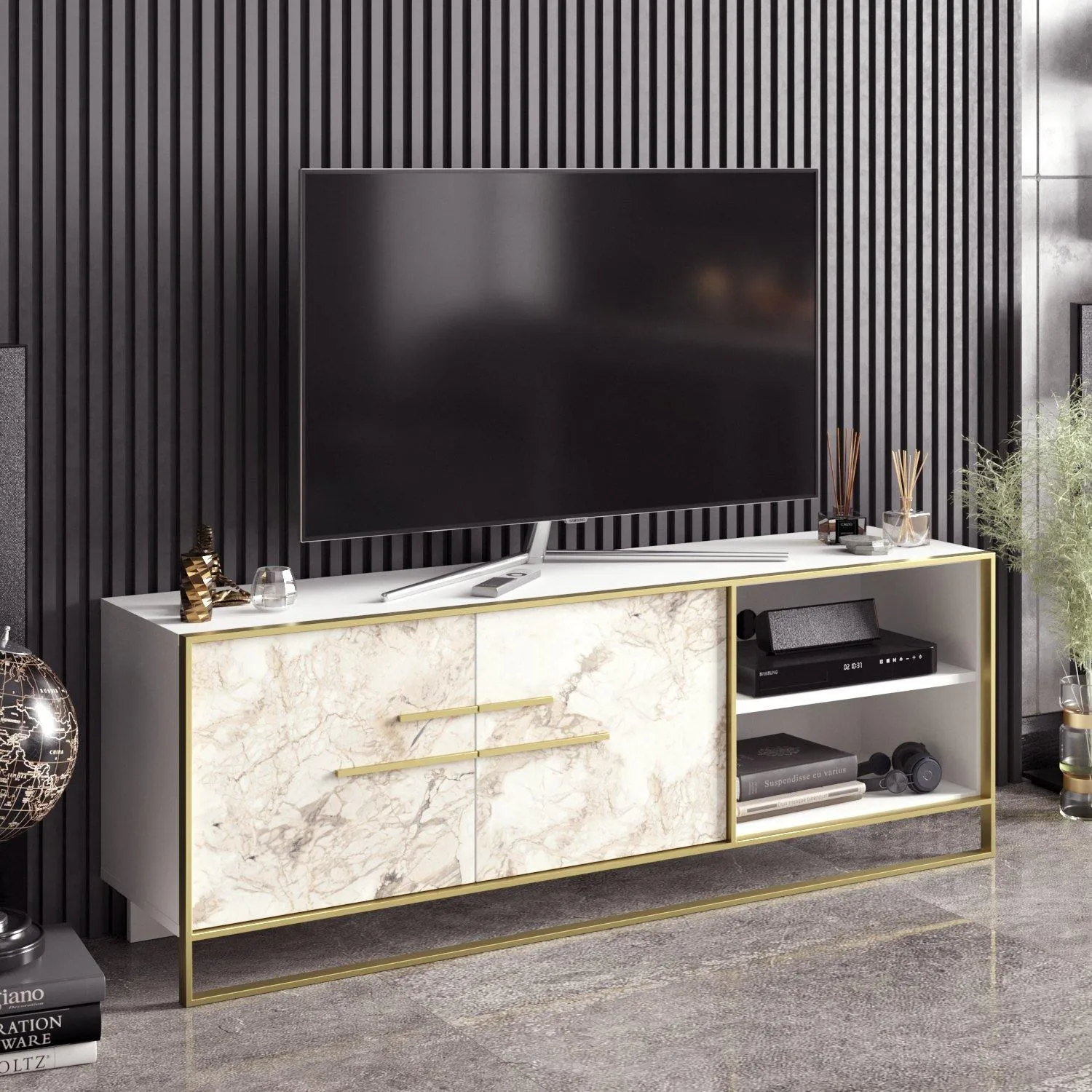 Polka 63" Wide Metal Wood TV Stand & Media Console for TVs up to 73" Decorotika
