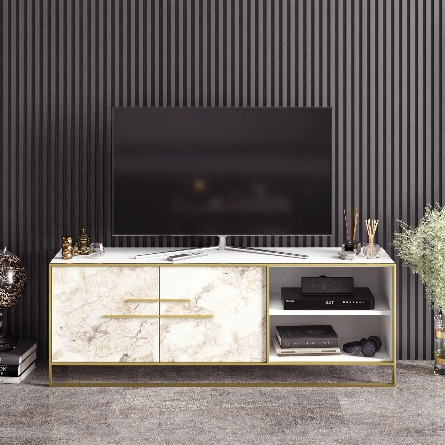 Polka 63" Wide Metal Wood TV Stand & Media Console for TVs up to 73" Decorotika