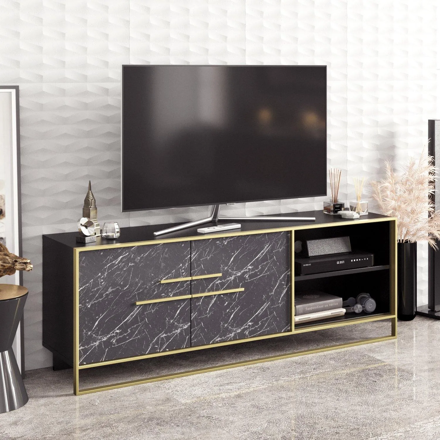 Polka 63" Wide Metal Wood TV Stand & Media Console for TVs up to 73" Decorotika