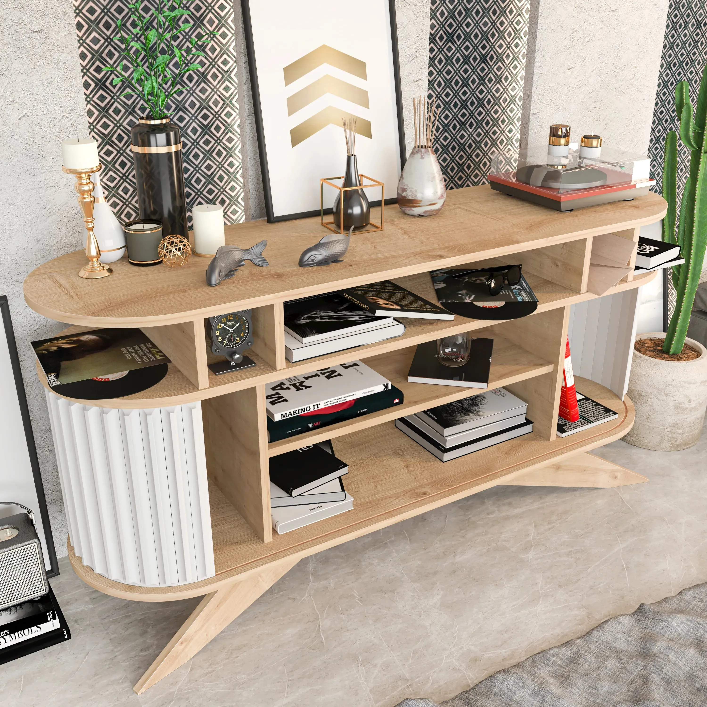 Store 59" Wide Oval Console | Modern TV Stand & Storage | Accommodates up to 68" TVs Decorotika