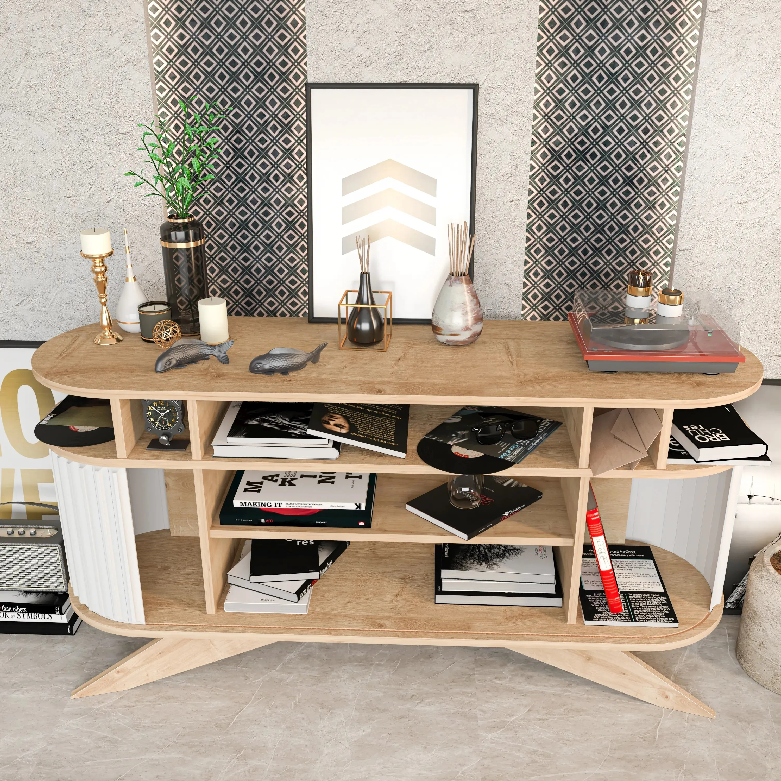 Store 59" Wide Oval Console | Modern TV Stand & Storage | Accommodates up to 68" TVs Decorotika