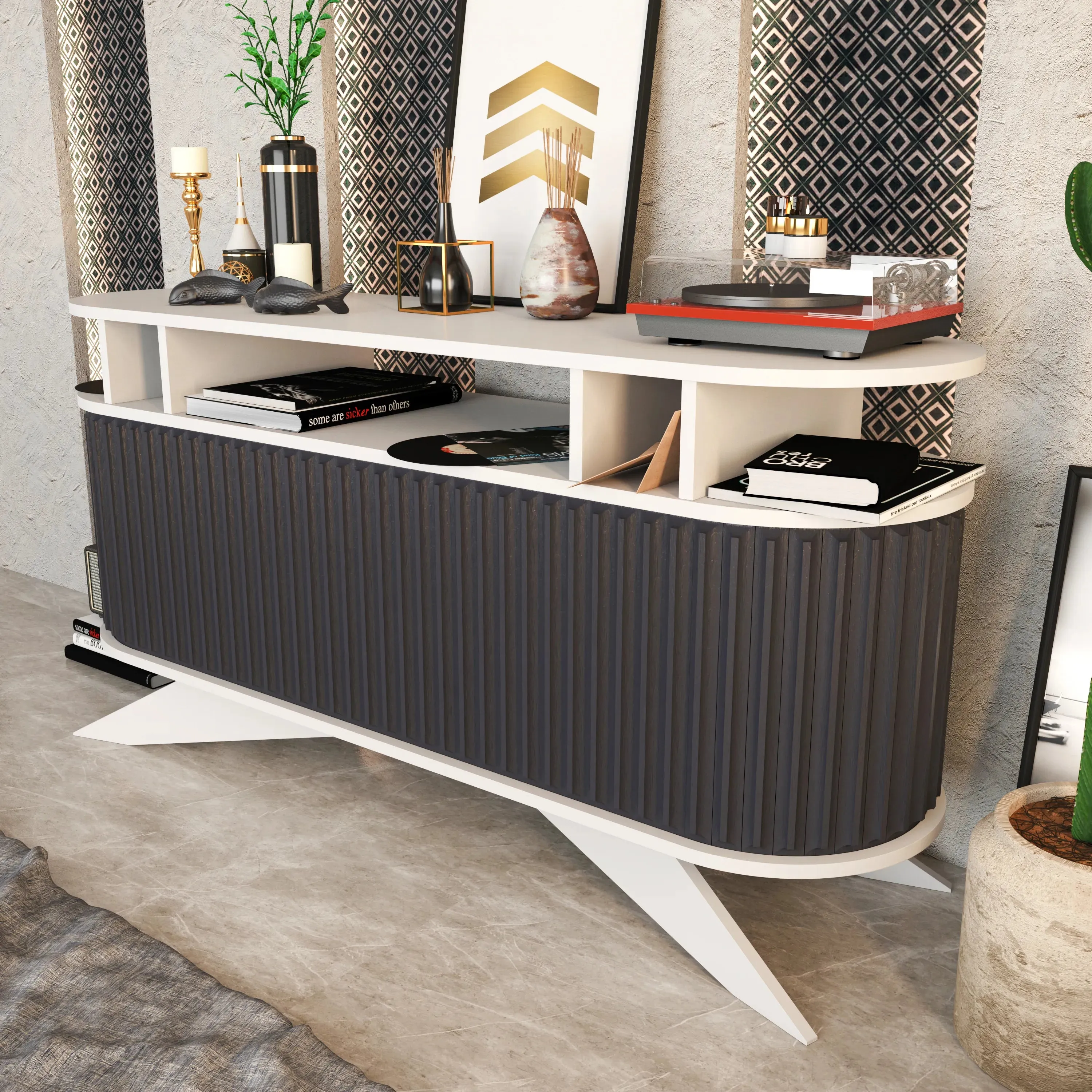 Store 59" Wide Oval Console | Modern TV Stand & Storage | Accommodates up to 68" TVs Decorotika