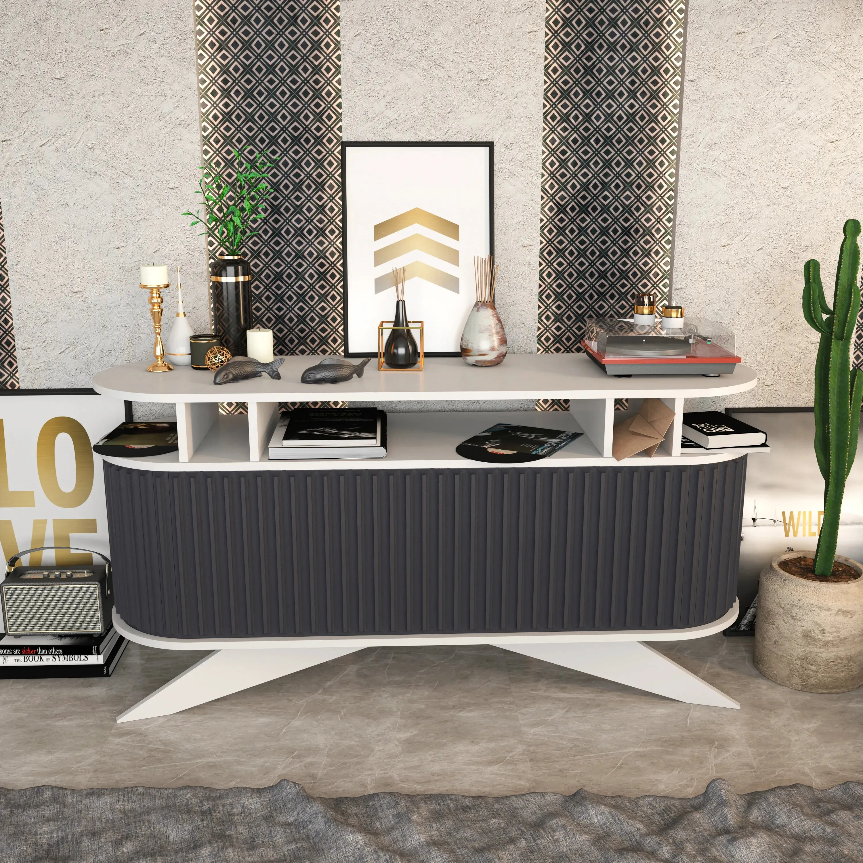Store 59" Wide Oval Console | Modern TV Stand & Storage | Accommodates up to 68" TVs Decorotika