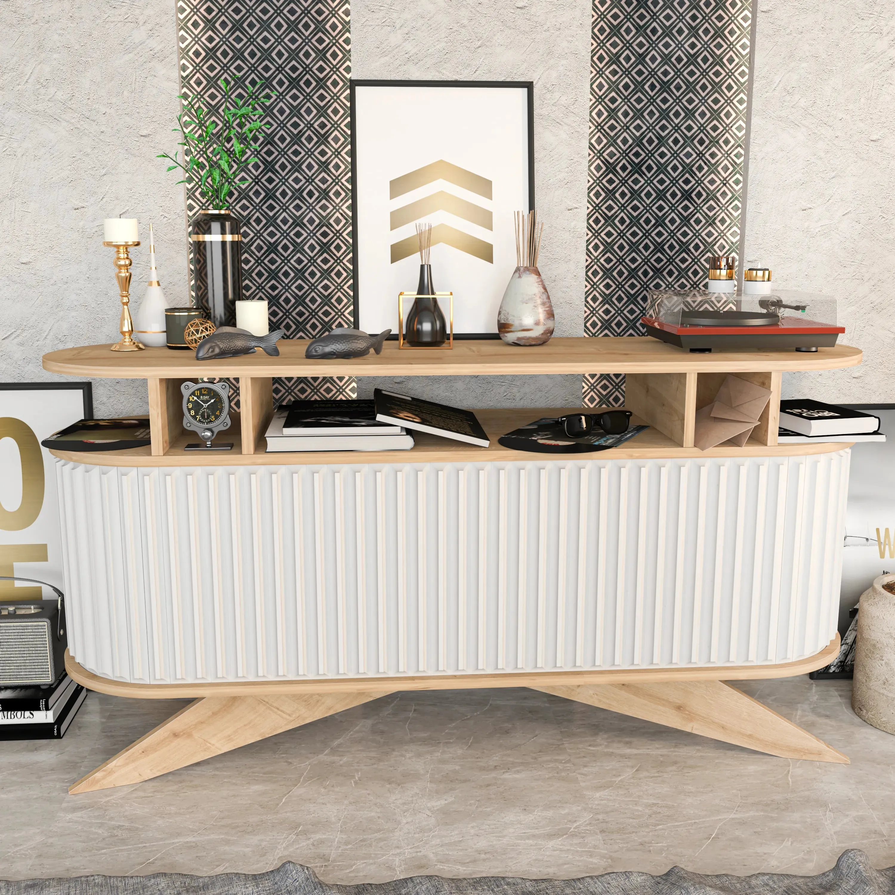 Store 59" Wide Oval Console | Modern TV Stand & Storage | Accommodates up to 68" TVs Decorotika