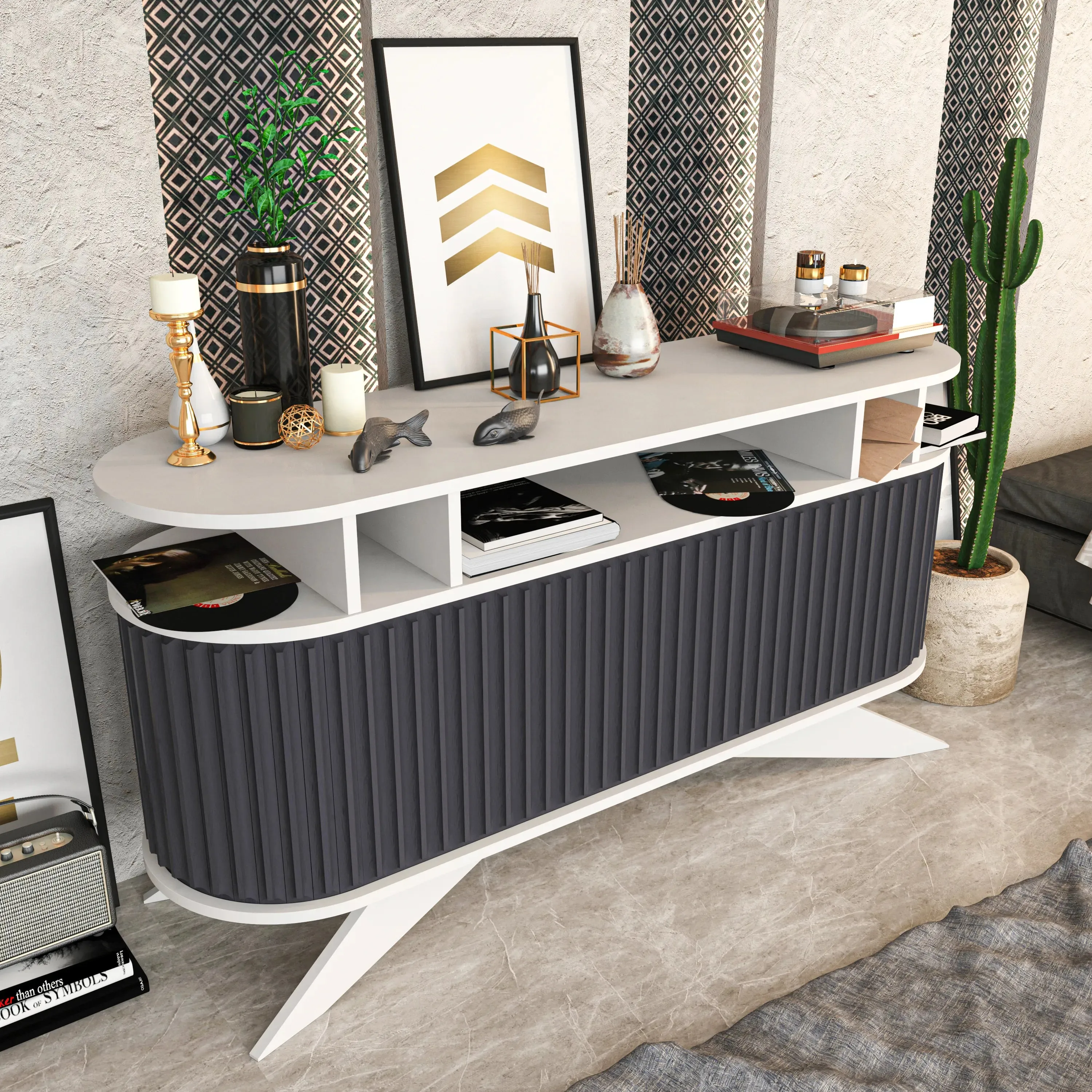 Store 59" Wide Oval Console | Modern TV Stand & Storage | Accommodates up to 68" TVs Decorotika