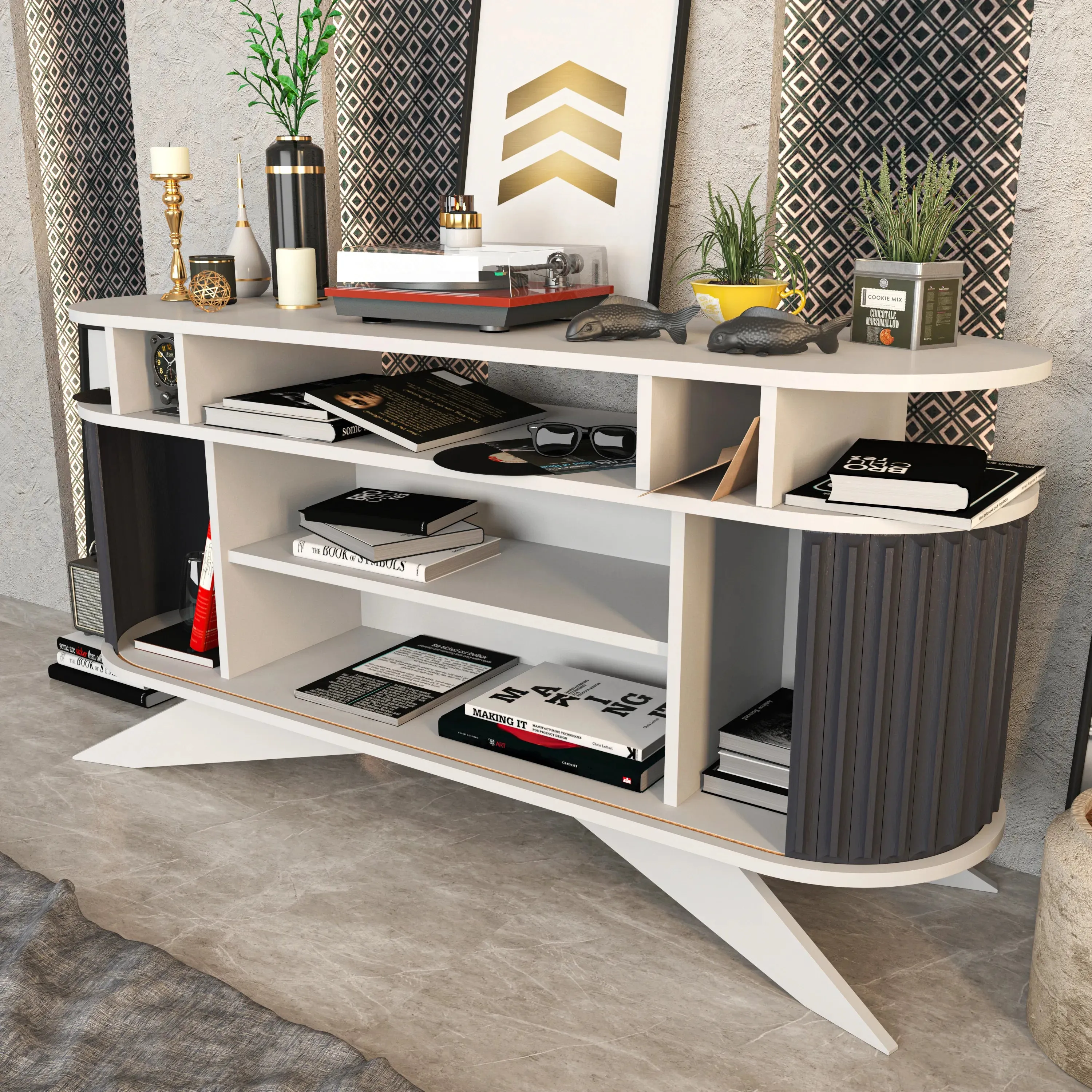 Store 59" Wide Oval Console | Modern TV Stand & Storage | Accommodates up to 68" TVs Decorotika