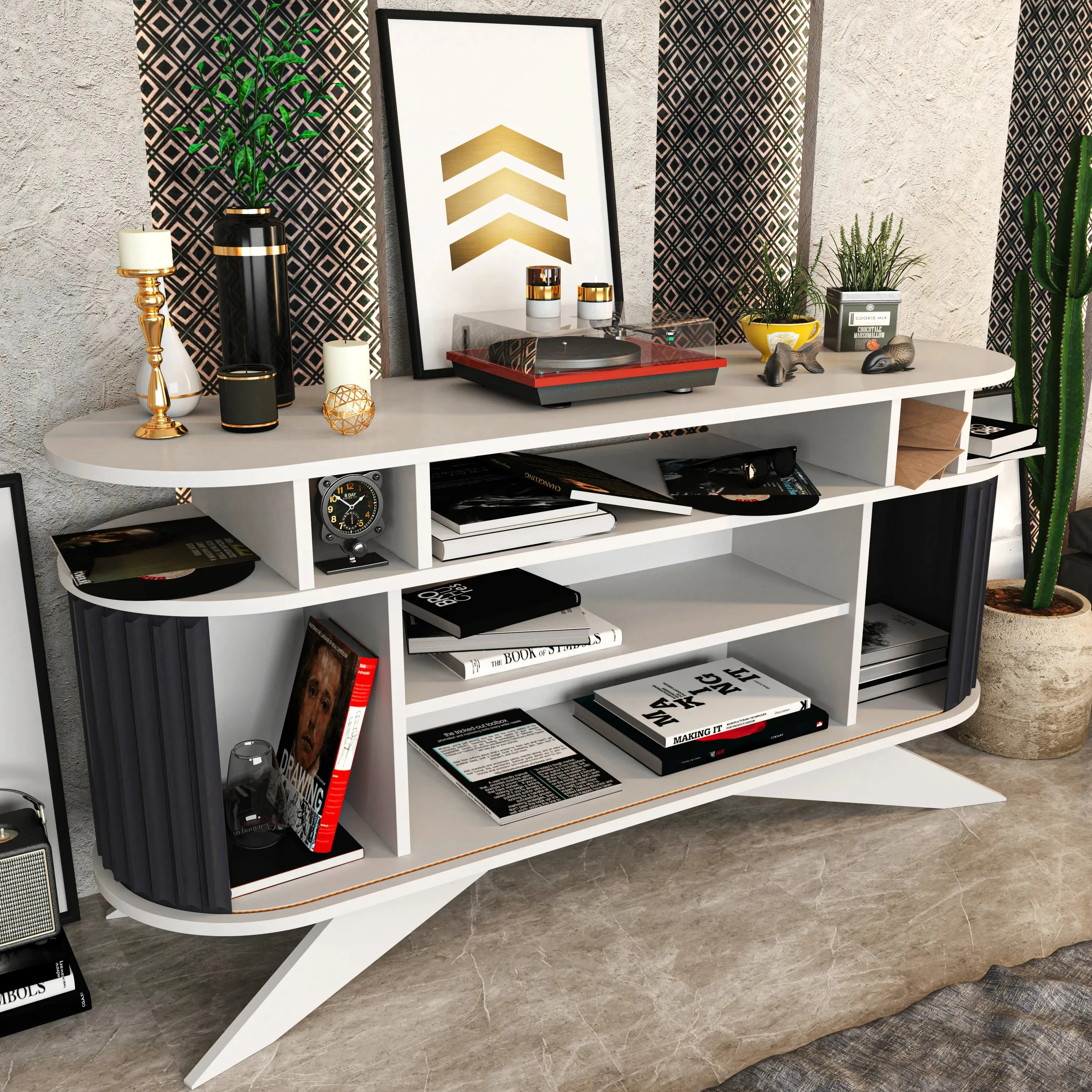 Store 59" Wide Oval Console | Modern TV Stand & Storage | Accommodates up to 68" TVs Decorotika