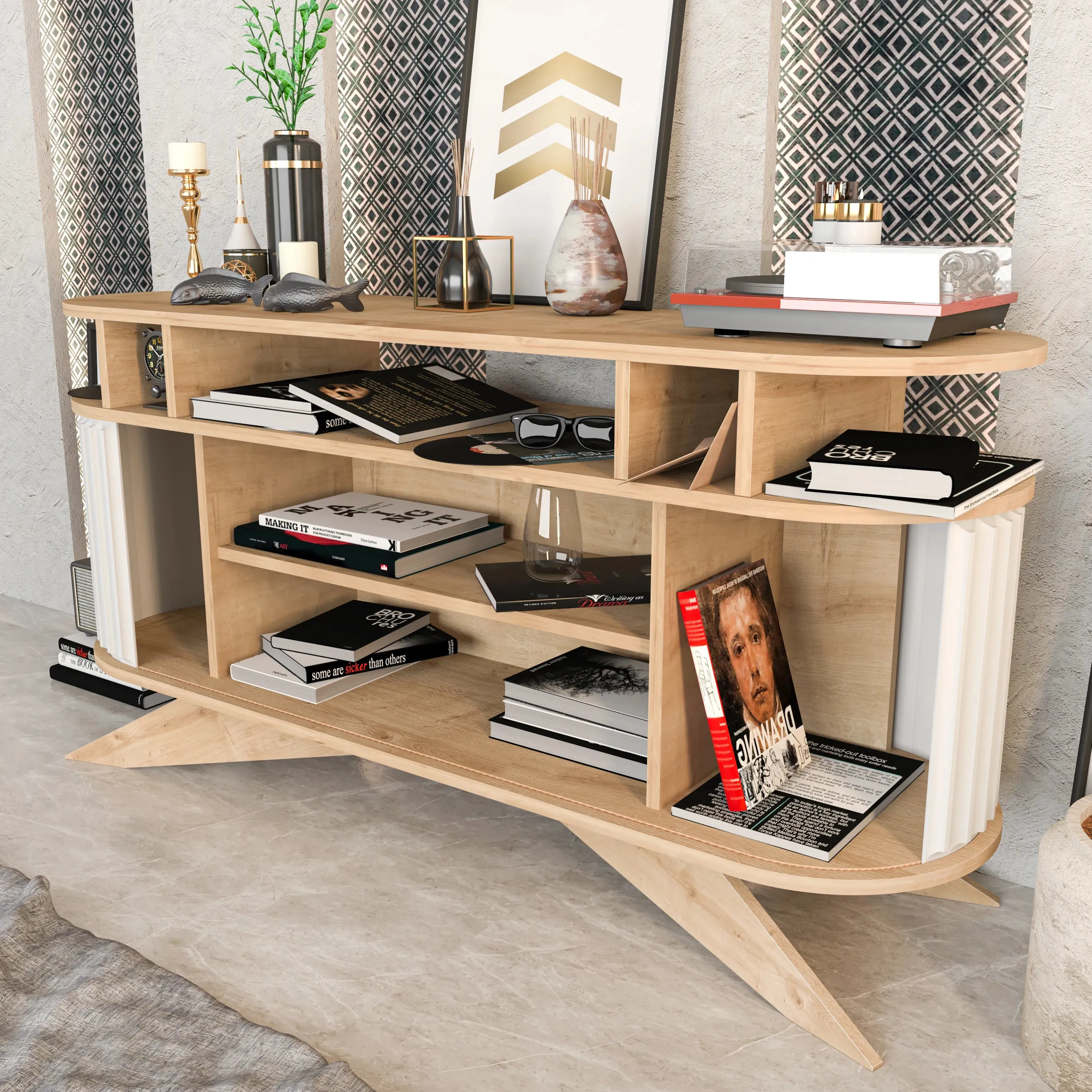 Store 59" Wide Oval Console | Modern TV Stand & Storage | Accommodates up to 68" TVs Decorotika