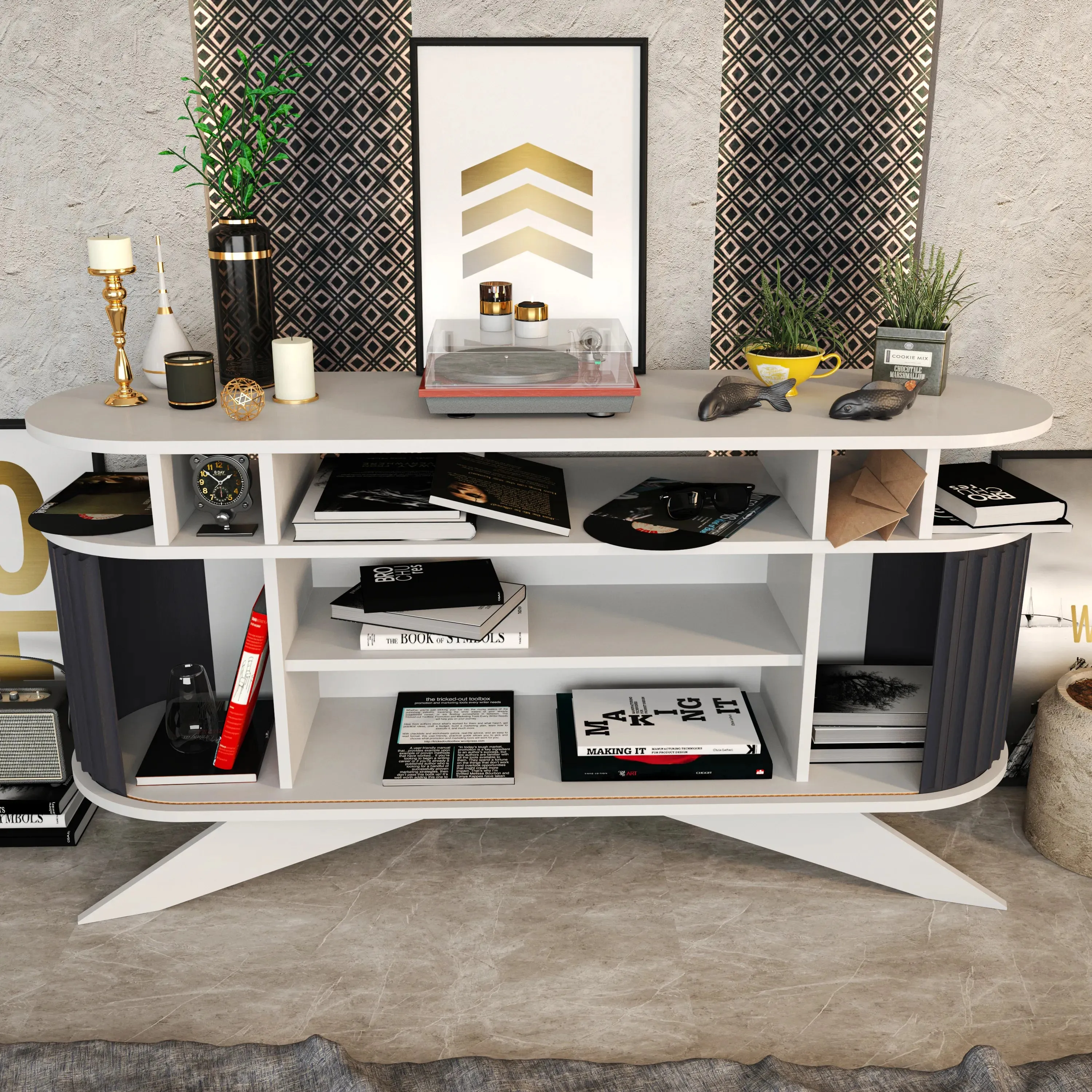 Store 59" Wide Oval Console | Modern TV Stand & Storage | Accommodates up to 68" TVs Decorotika