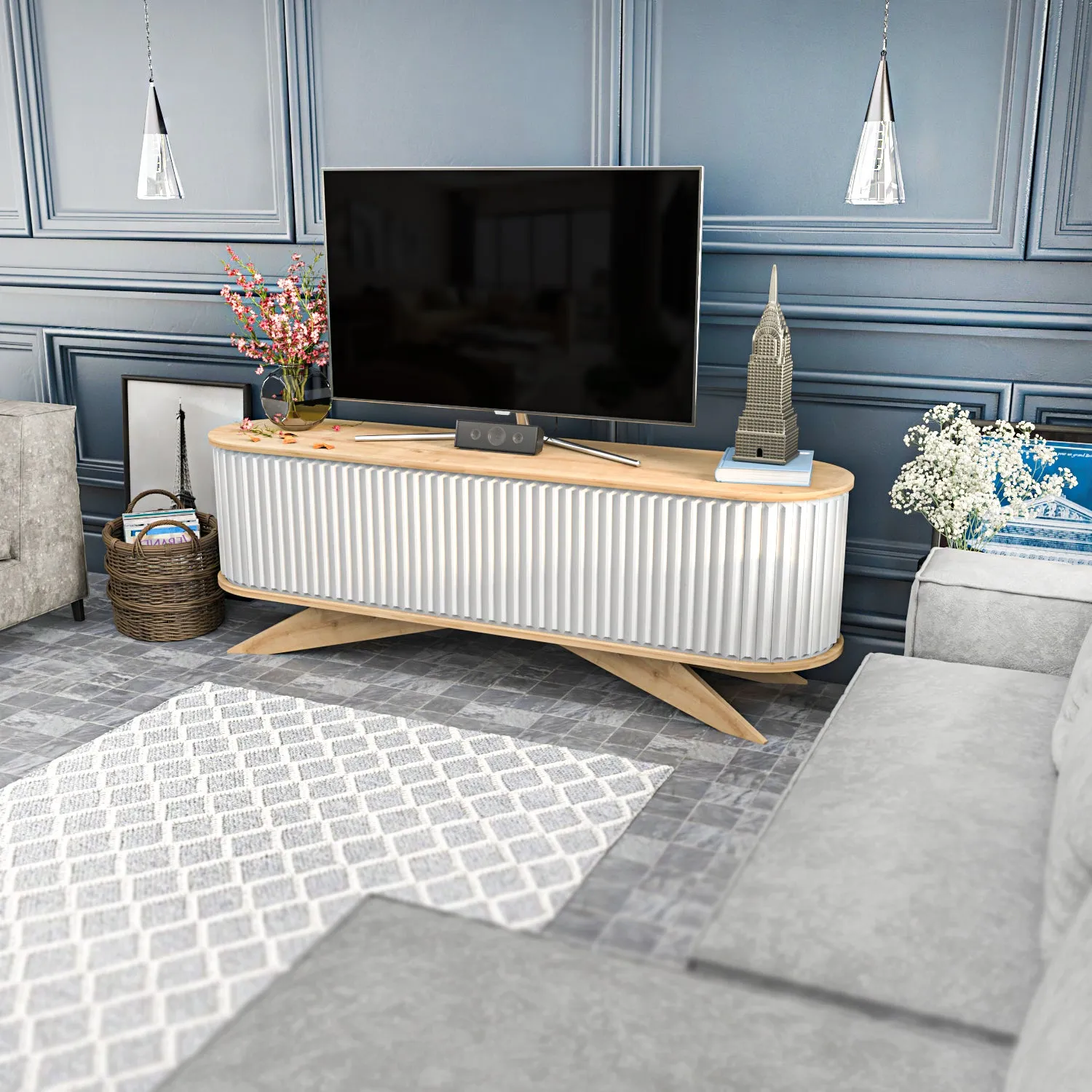 Store 71 Wide TV Stand - Sapphire Oak & White Decorotika