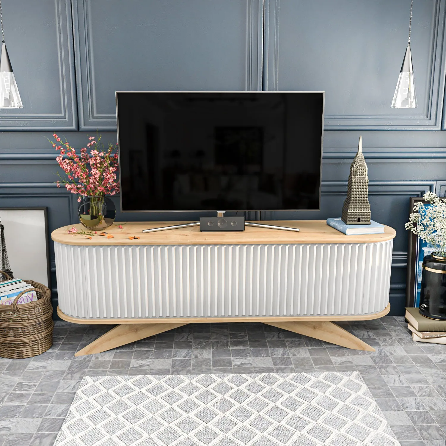 Store 71 Wide TV Stand - Sapphire Oak & White Decorotika