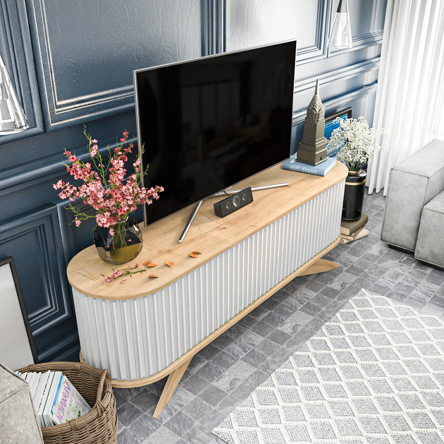 Store 71 Wide TV Stand - Sapphire Oak & White Decorotika
