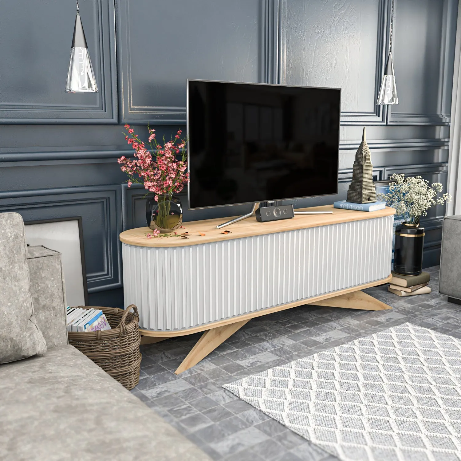 Store 71 Wide TV Stand - Sapphire Oak & White Decorotika