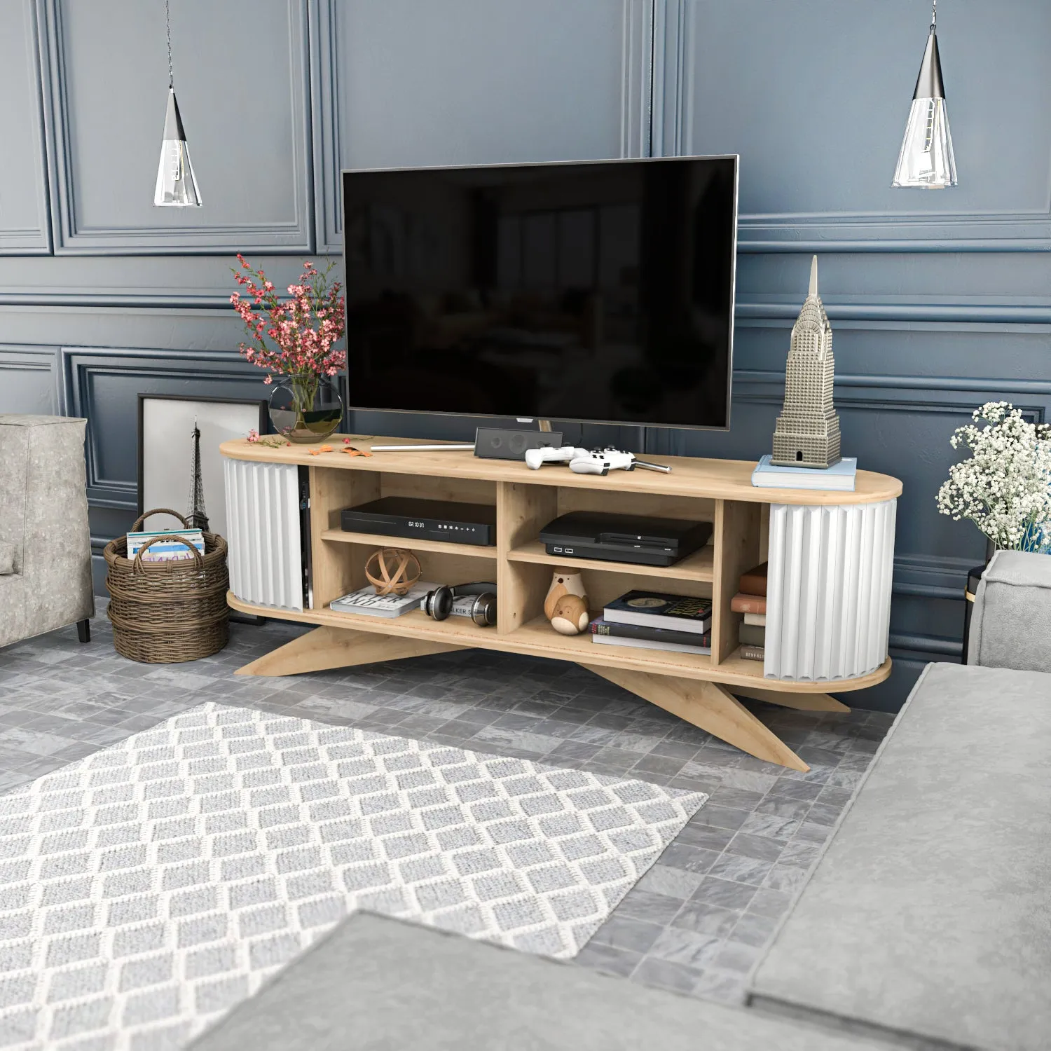 Store 71 Wide TV Stand - Sapphire Oak & White Decorotika