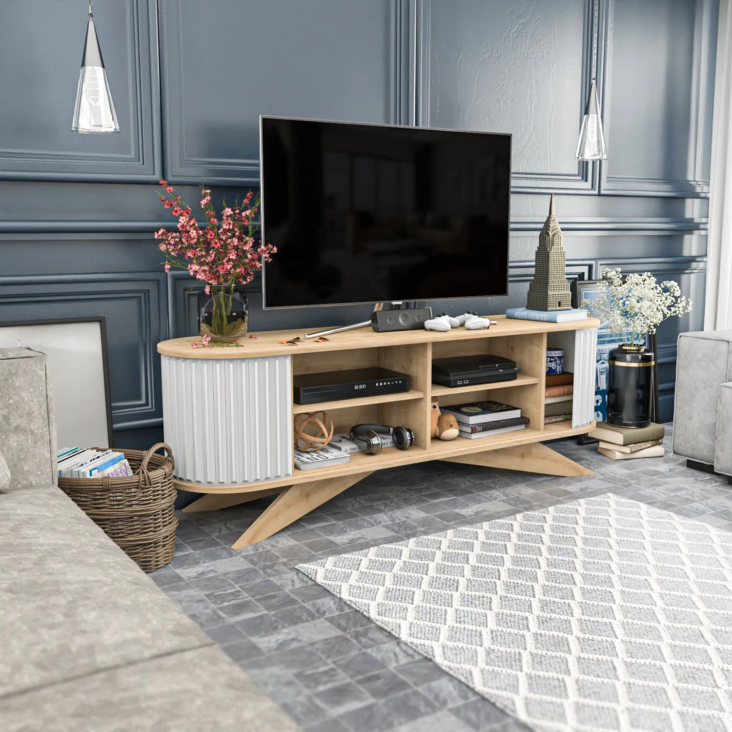 Store 71 Wide TV Stand - Sapphire Oak & White Decorotika