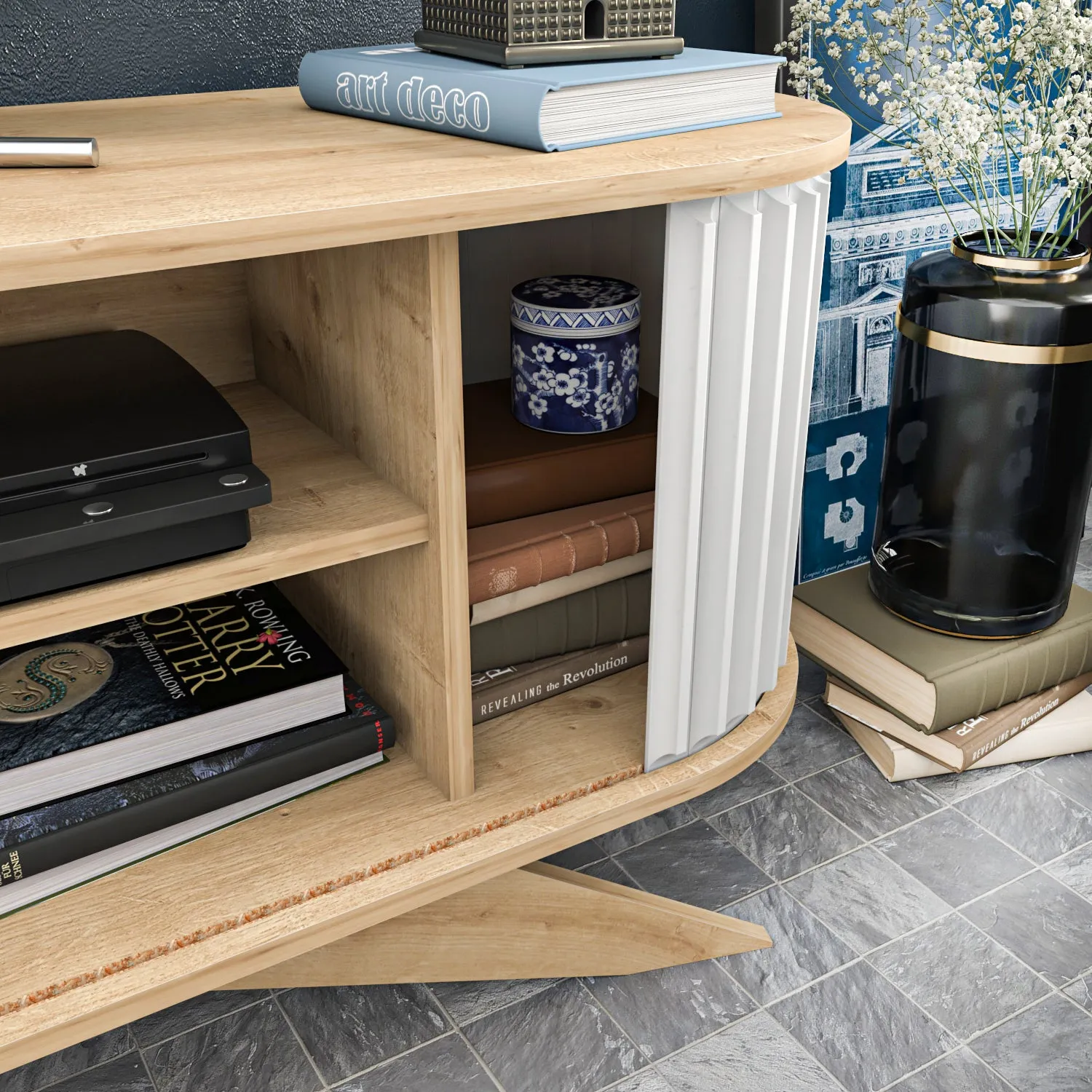 Store 71 Wide TV Stand - Sapphire Oak & White Decorotika