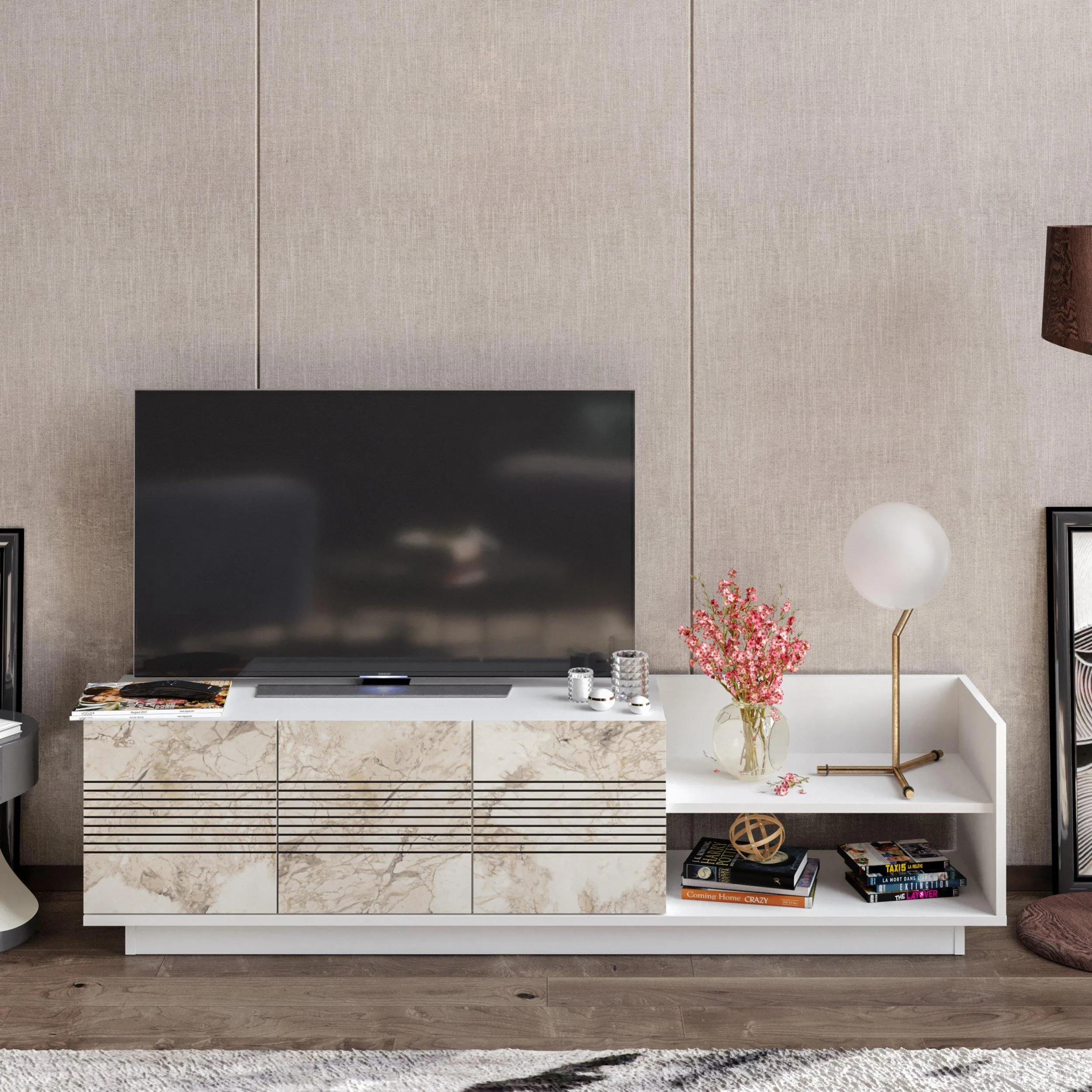 Viano TV Stand and Media Console with A Cabinet and Shelves for TVs up to 47" Decorotika